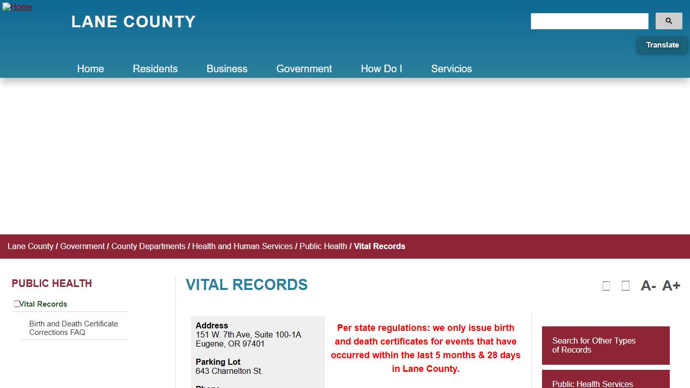 Vital Records - Lane County