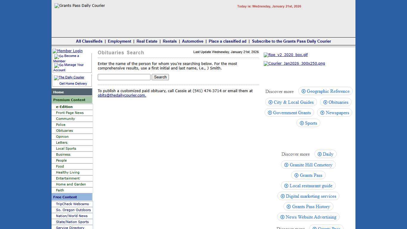 Grants Pass Daily Courier --- Obituaries Search Engine